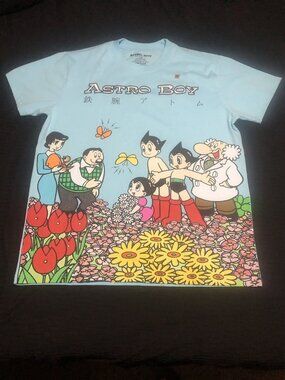 Astro Boy Flower Embroidered Light Blue Short Sleeve T-Shirt, Size Large